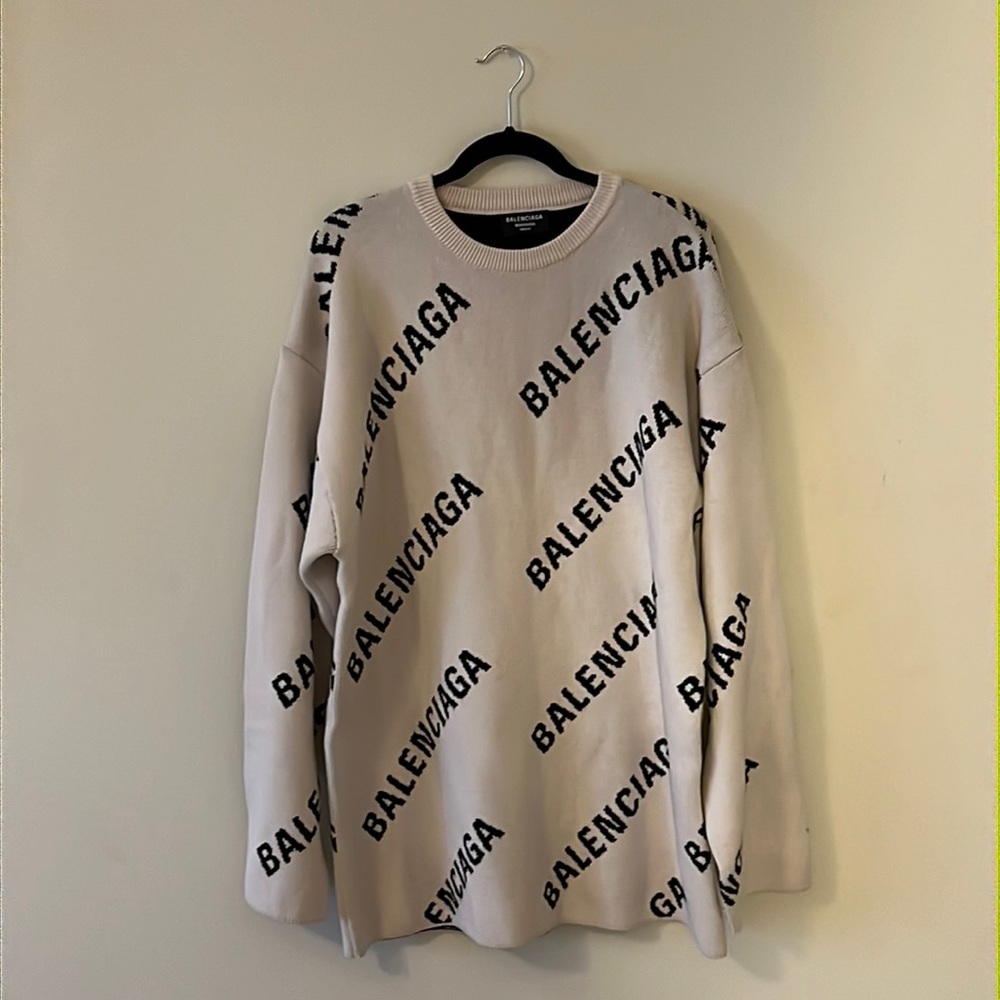 Balenciaga Cream Crewneck Sweater with Black Logo